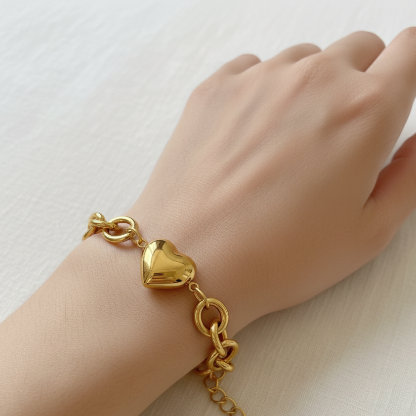 Puffed Heart Link Bracelet