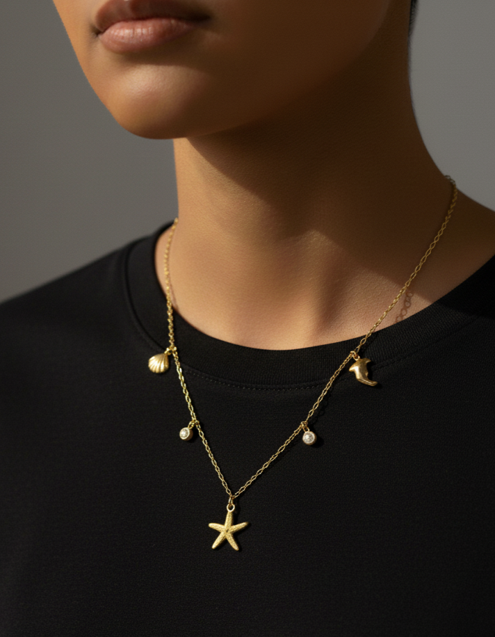 Person wearing a gold necklace with star and moon pendants on a black shirt.